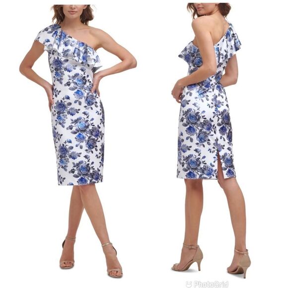 Eliza J Dresses & Skirts - ELIZA J One Shoulder Sheath Dress Size 6 Blue Floral‎ Print Metallic Ruffle New